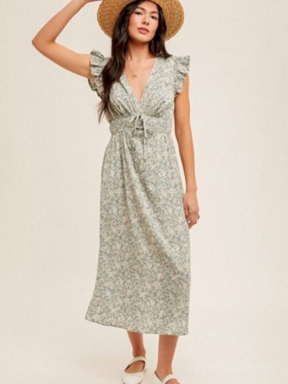 HEM & THREAD Floral Print Flutter Sleeve Midi Dress NWT - Picture 5 of 5